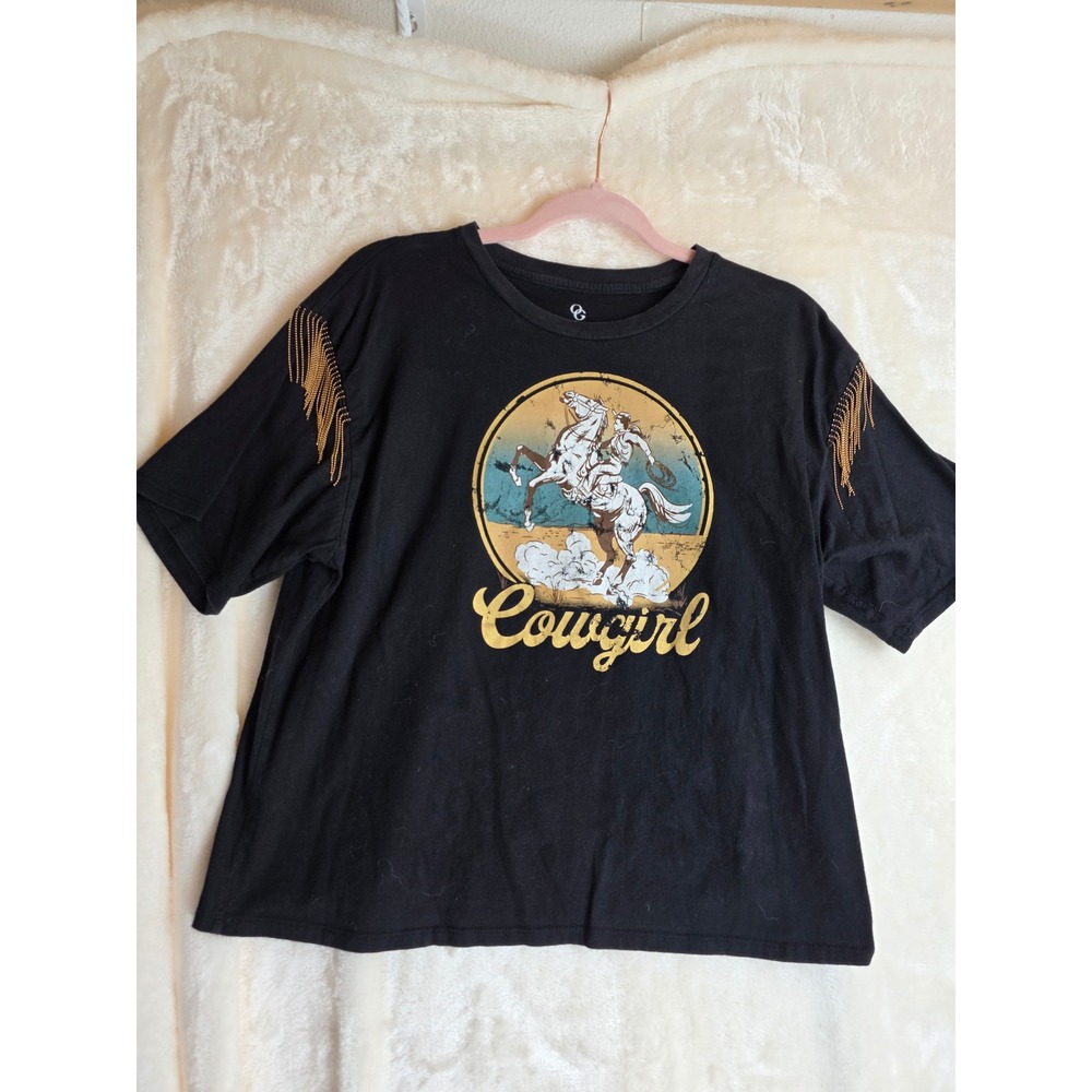 Organic Generation Cowgirl Graphic T Shirt‎ Fringe Detail Black Women's XL NWT